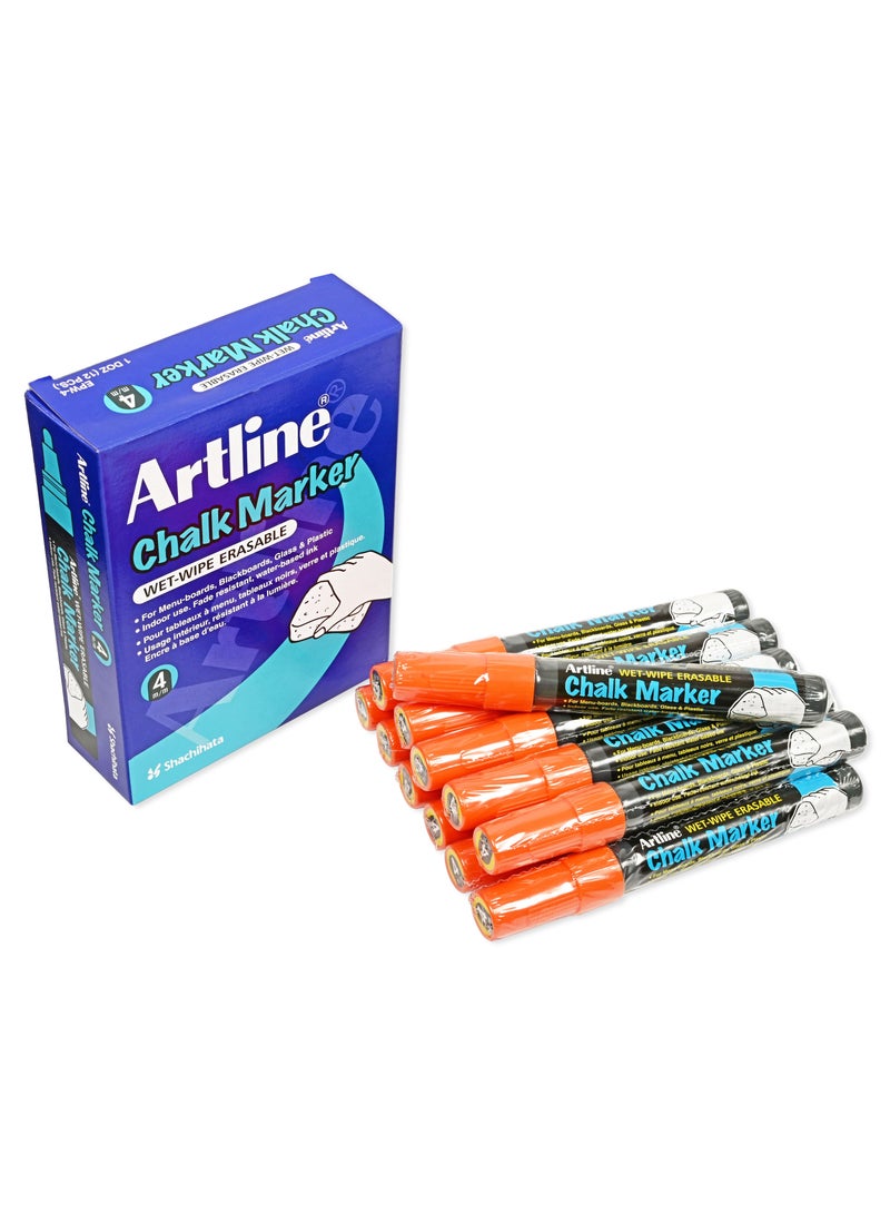 Artline 12 Pieces EPW4 Chalk Marker, Line 4.0mm, Wet Wipe Eresable, Color:Orange-ARMKEPW-4OR - Image 2