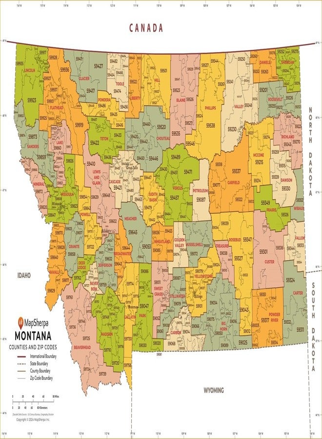 MapSherpa Montana ZIP Code Map with Counties - Large - 31.25 x 48 inch Poster - Front Lamination - Image 1