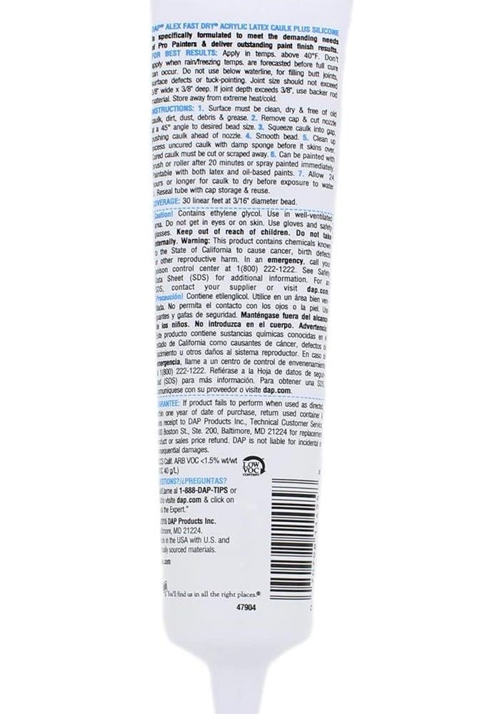 DAP ALEX FAST DRY Acrylic Latex Caulk Plus Silicone - 5.5 oz, White - Image 3