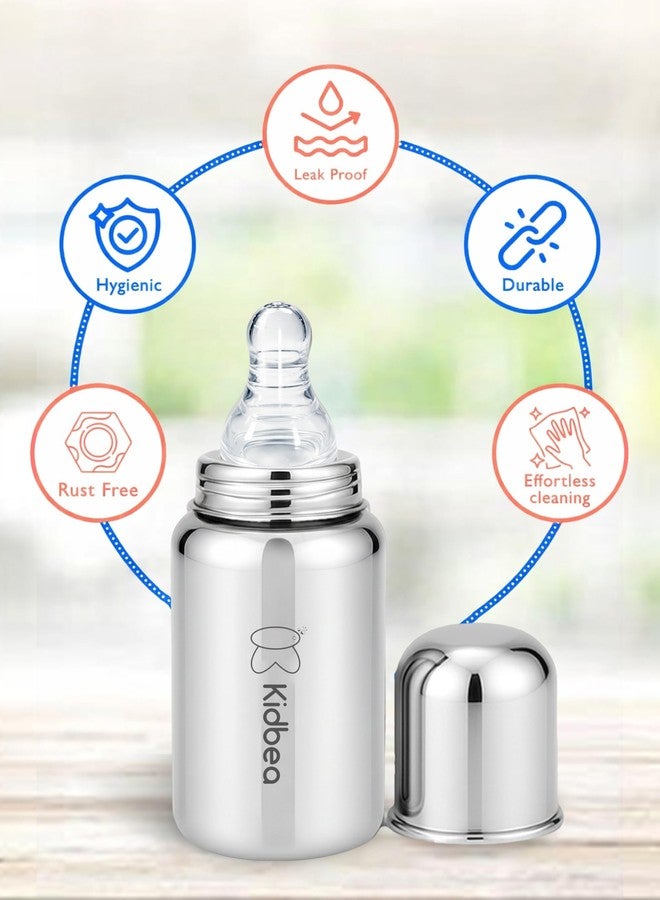 Kidbea Stainless Steel Baby Feeding Bottle 150ml (0m+) | BPA Free Wide Neck Anti-Colic Infant Milk Bottle with 3 Extra Silicone Nipples for Newborns - Image 2