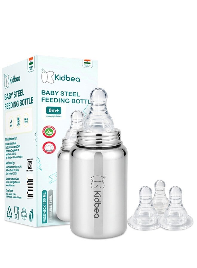Kidbea Stainless Steel Baby Feeding Bottle 150ml (0m+) | BPA Free Wide Neck Anti-Colic Infant Milk Bottle with 3 Extra Silicone Nipples for Newborns - Image 1