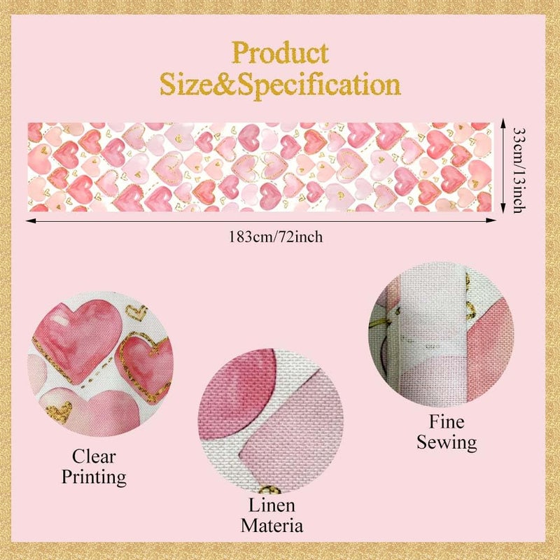Blync Pink Hearts Valentines Table Runner ï¼Œ13 x 72 Inch Rectangular Tablecloth Decorations for Wedding Birthday Anniversary Party - Image 2