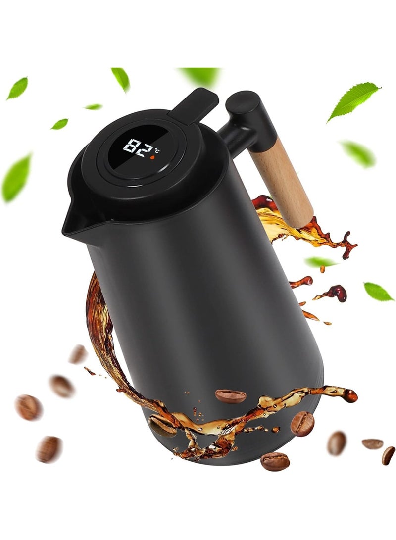 كيلا ترمس حراري، سعة 1 لتر، إبريق معزول مع شاشة عرض درجة الحرارة، وعاء قهوة محكم الغلق (بدون تسريب، بدون تقطير) - أسود أنيق - Image 2