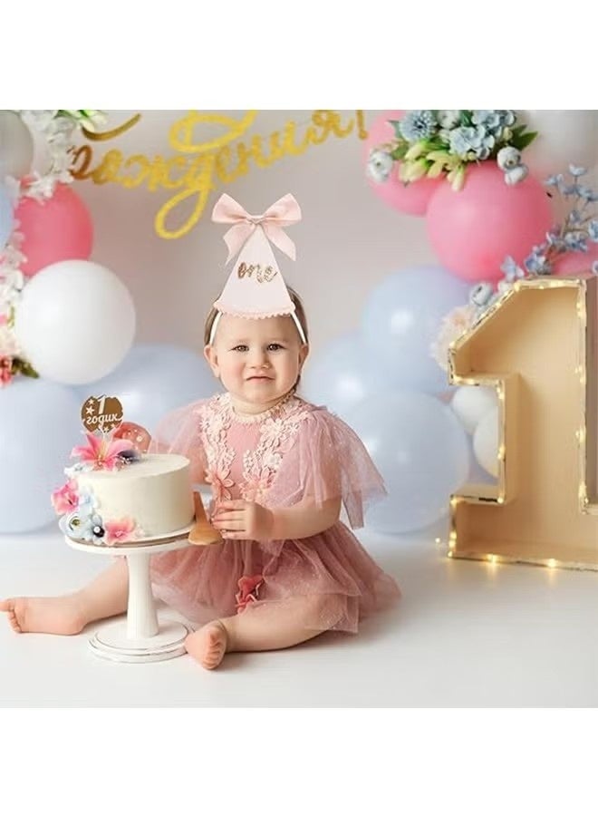 قبعات عيد الميلاد الأول، قبعة عيد ميلاد رقم واحد لامعة مع فيونكة وردية للطفلة، قبعة مخروطية بوهيمية للرضع لتصوير واحتفال عمر سنة واحدة - Image 5