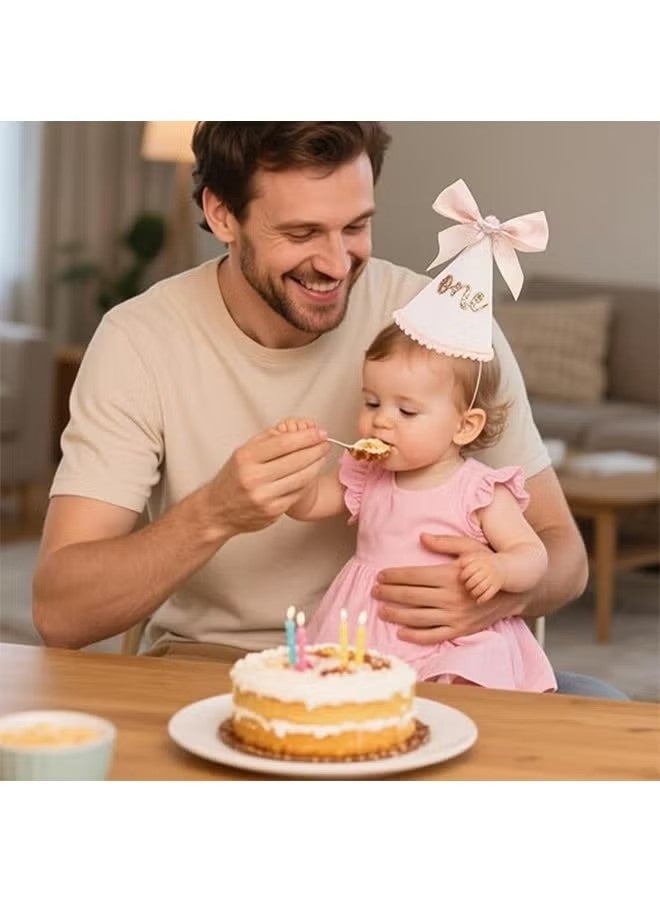 قبعات عيد الميلاد الأول، قبعة عيد ميلاد رقم واحد لامعة مع فيونكة وردية للطفلة، قبعة مخروطية بوهيمية للرضع لتصوير واحتفال عمر سنة واحدة - Image 2