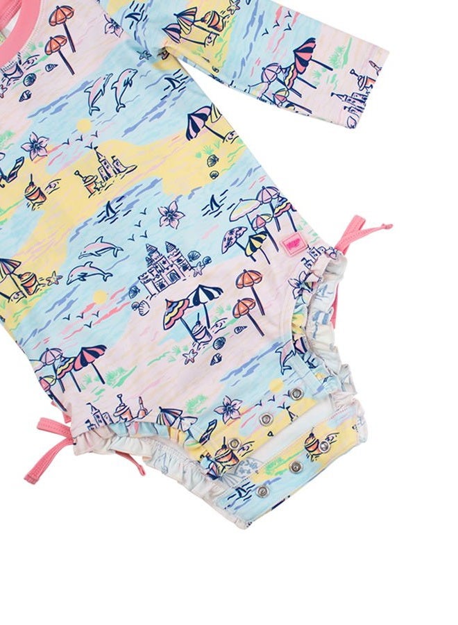 RuffleButts Baby Girls UPF 50+ Sun Protection Floral Printed Long Sleeve One Piece Rash Guard Swimsuit with Zipper, Beach Day, 12-18 Months - Image 5