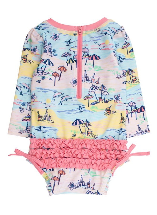 RuffleButts Baby Girls UPF 50+ Sun Protection Floral Printed Long Sleeve One Piece Rash Guard Swimsuit with Zipper, Beach Day, 12-18 Months - Image 4