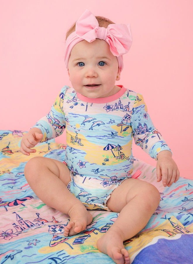 RuffleButts Baby Girls UPF 50+ Sun Protection Floral Printed Long Sleeve One Piece Rash Guard Swimsuit with Zipper, Beach Day, 12-18 Months - Image 2