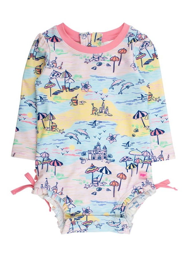 RuffleButts Baby Girls UPF 50+ Sun Protection Floral Printed Long Sleeve One Piece Rash Guard Swimsuit with Zipper, Beach Day, 12-18 Months - Image 1