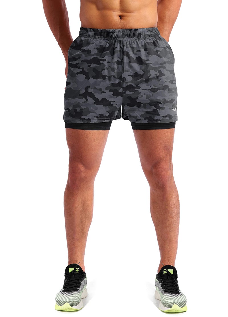 Pudolla Men’s 2 in 1 Running Shorts 5" Quick Dry Gym Athletic Workout Shorts for Men with Phone Pockets(Black Camo X-Large) - Image 2