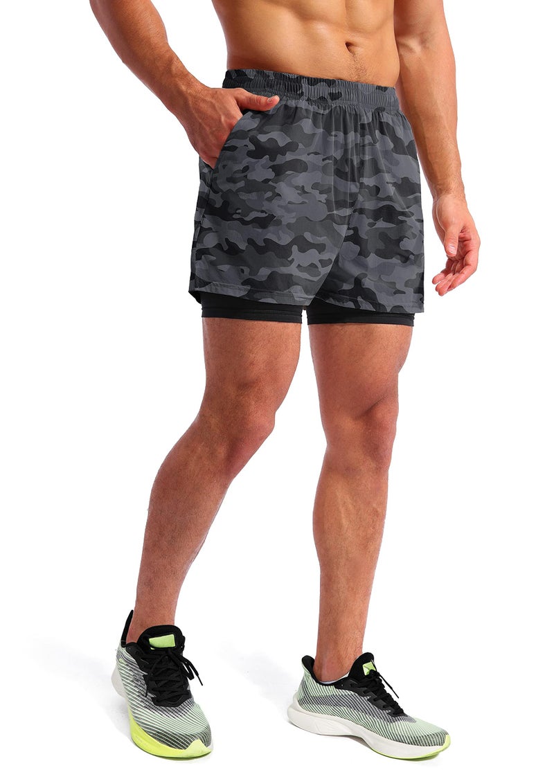 Pudolla Men’s 2 in 1 Running Shorts 5" Quick Dry Gym Athletic Workout Shorts for Men with Phone Pockets(Black Camo X-Large) - Image 3