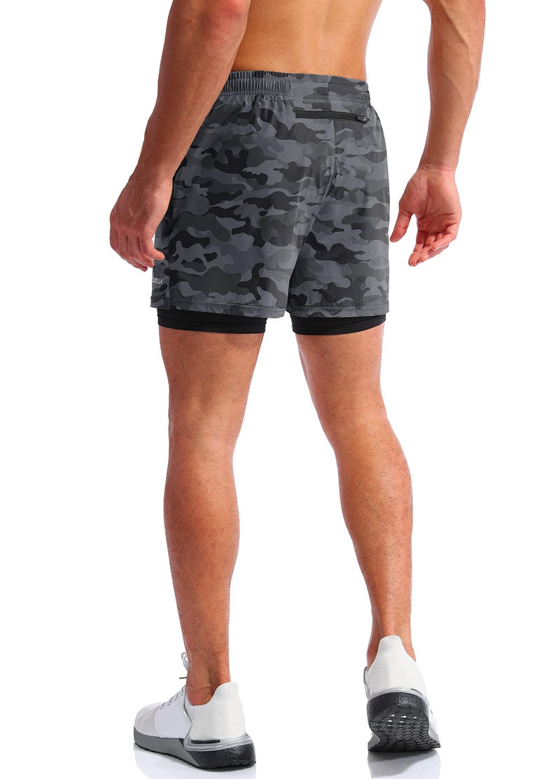 Pudolla Men’s 2 in 1 Running Shorts 5" Quick Dry Gym Athletic Workout Shorts for Men with Phone Pockets(Black Camo X-Large) - Image 4