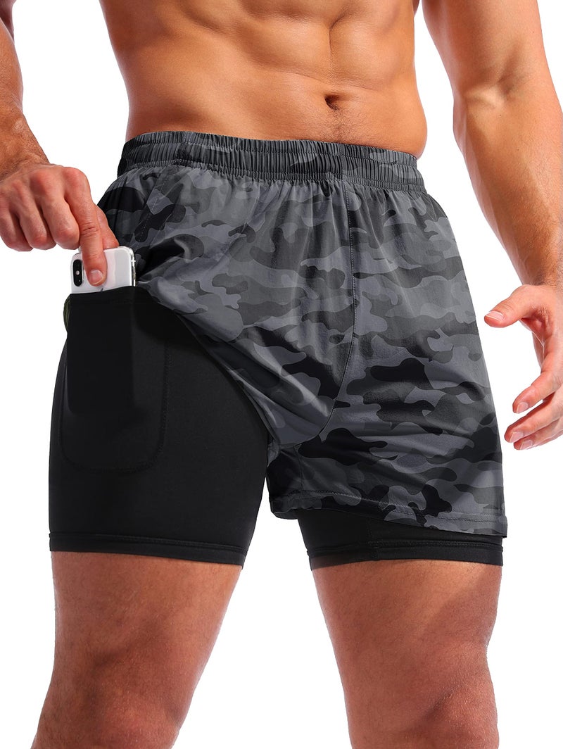 Pudolla Men’s 2 in 1 Running Shorts 5" Quick Dry Gym Athletic Workout Shorts for Men with Phone Pockets(Black Camo X-Large) - Image 1