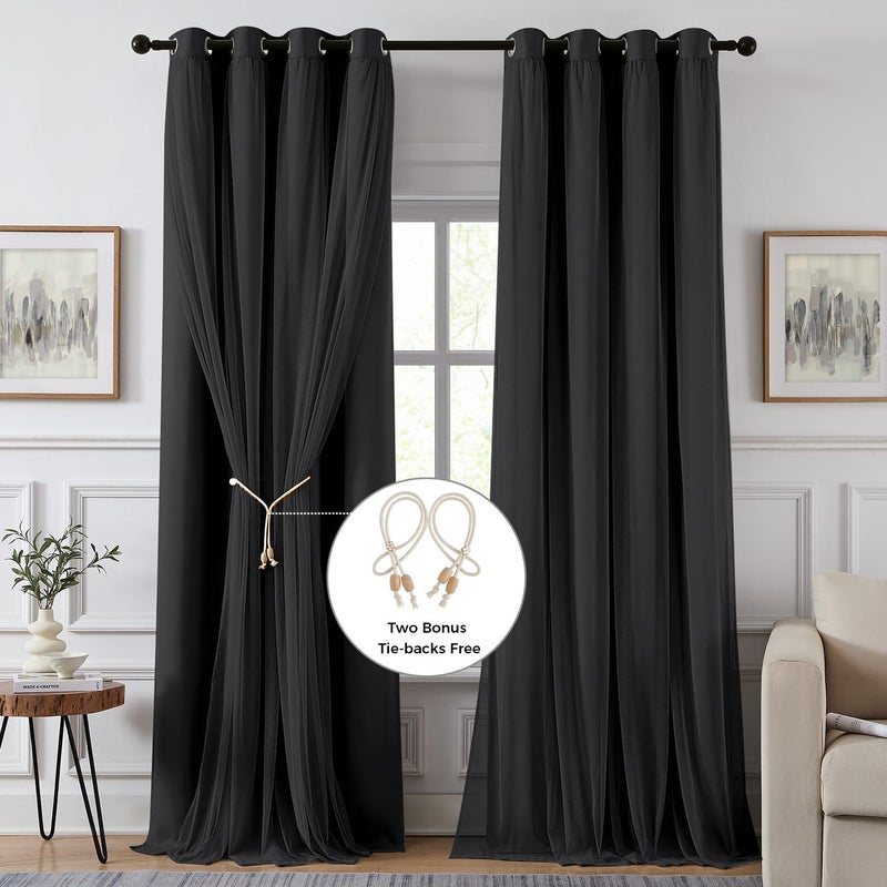 Swandream 100% Blackout Curtains for Bedroom, Double Layer Black Curtains, Black Out Curtain 84 inch Long with Sheer Overlay for Living Room, Room Darkening Window Drapes with Grommet, 52" W x 84" L - Image 2