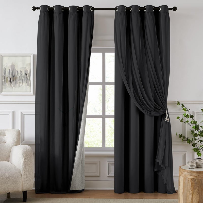 Swandream 100% Blackout Curtains for Bedroom, Double Layer Black Curtains, Black Out Curtain 84 inch Long with Sheer Overlay for Living Room, Room Darkening Window Drapes with Grommet, 52" W x 84" L - Image 1