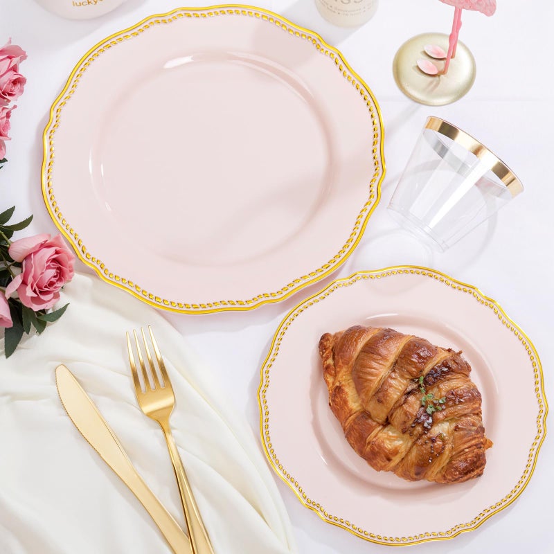Hioasis 350pcs Pink and gold Plastic Plates - Pink Plastic Dinnerware Set Includes 50 Dinner Plates, 50 Dessert Dinnerware, 50 Cups, 50 Rolled Napkin Cutlery Perfect for Wedding & Valentine's Day - Image 3
