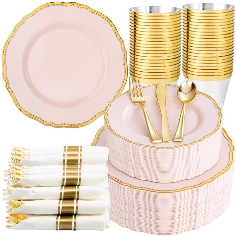 Hioasis 350pcs Pink and gold Plastic Plates - Pink Plastic Dinnerware Set Includes 50 Dinner Plates, 50 Dessert Dinnerware, 50 Cups, 50 Rolled Napkin Cutlery Perfect for Wedding & Valentine's Day - Image 1