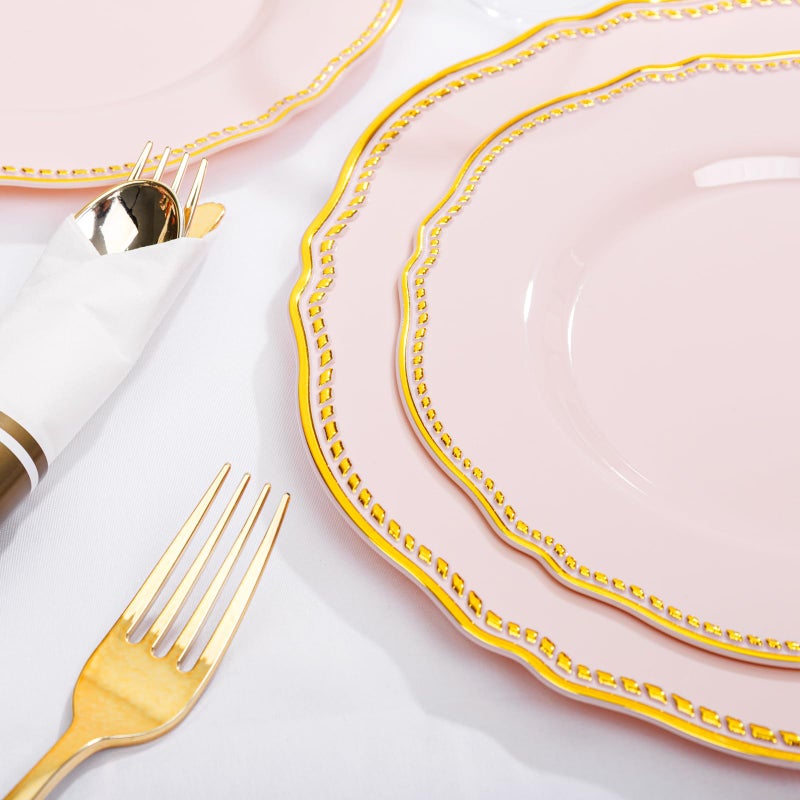 Hioasis 350pcs Pink and gold Plastic Plates - Pink Plastic Dinnerware Set Includes 50 Dinner Plates, 50 Dessert Dinnerware, 50 Cups, 50 Rolled Napkin Cutlery Perfect for Wedding & Valentine's Day - Image 5