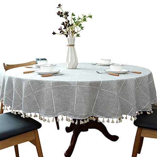 Heavyweight Cotton and Linen Tablecloth Plaid Tassel Round Table Cover Suitable for Small Kitchen and Dining Room Tables 30 Inches  40 Inches in Diameter Round Grey