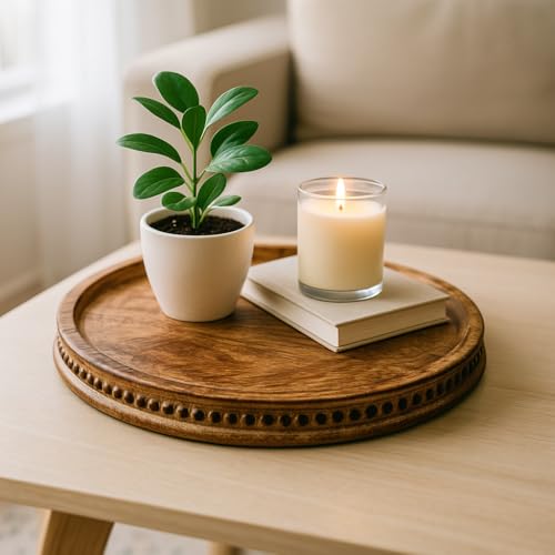 CRAFTYKART Round Wood Serving Tray, Rustic Nesting Trays Stackable Platters for Serving Cakes, Pastries, Snacks, Breakfast,Decorative Wooden Beaded Tray 10 inches Centerpiece for Dining & Coffee Table - Image 1