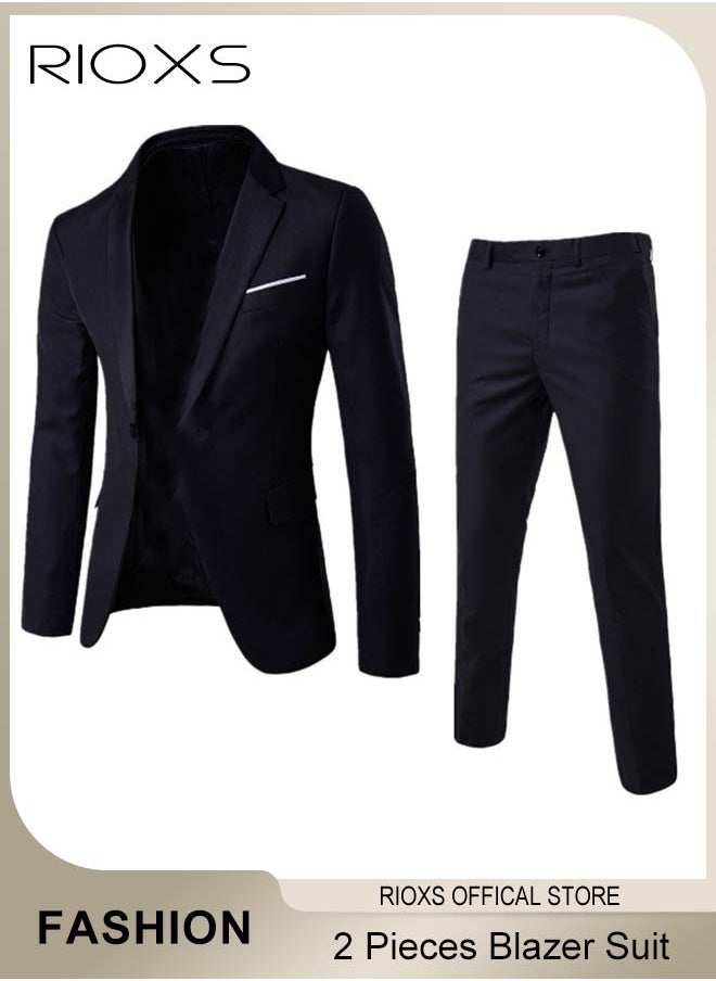 RIOXS Men's 2 Pieces Formal Suit, Elegant Solid Black Suits, Blazer Suit, Slim Fit Blazer Jacket And Long Blazer Pants, Business Blazer Pants Set For Office Wedding Prom Dinner(Not Included waistcoat)  - Image 1