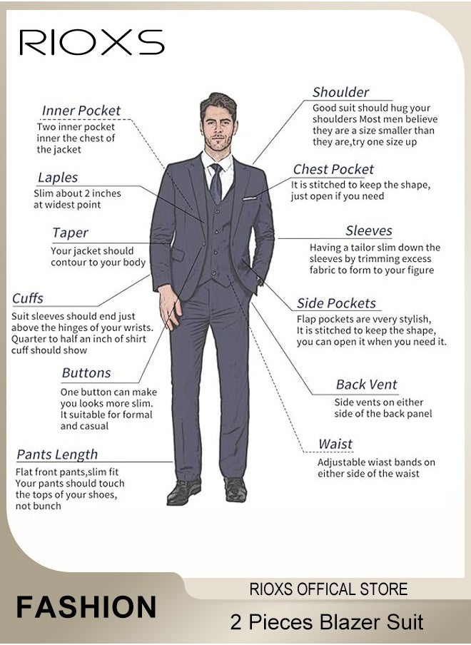 RIOXS Men's 2 Pieces Formal Suit, Elegant Solid Black Suits, Blazer Suit, Slim Fit Blazer Jacket And Long Blazer Pants, Business Blazer Pants Set For Office Wedding Prom Dinner(Not Included waistcoat)  - Image 3