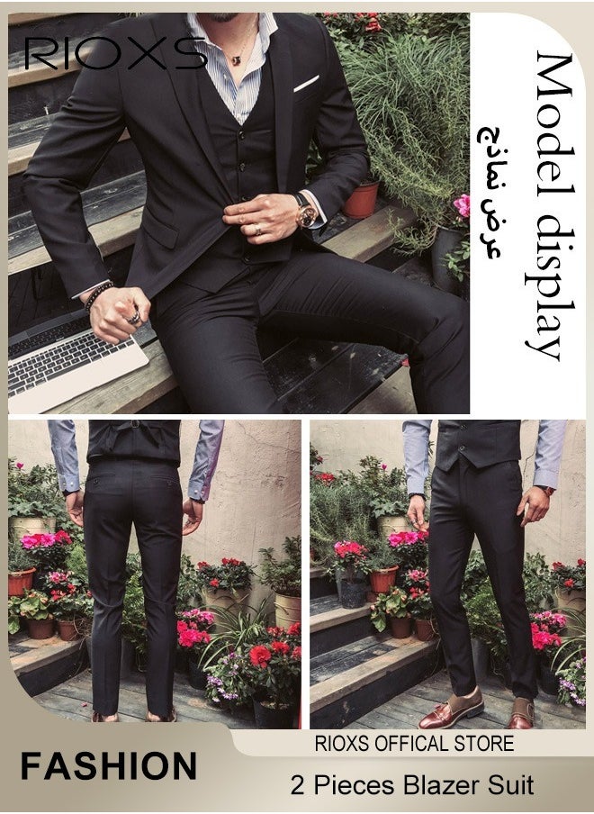 RIOXS Men's 2 Pieces Formal Suit, Elegant Solid Black Suits, Blazer Suit, Slim Fit Blazer Jacket And Long Blazer Pants, Business Blazer Pants Set For Office Wedding Prom Dinner(Not Included waistcoat)  - Image 5