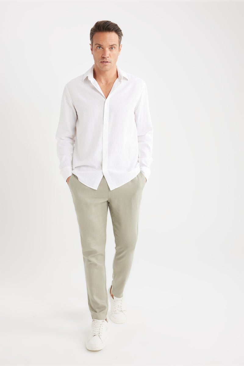 DeFacto White Man Regular Fit Polo Collar Long Sleeve Linen Shirt Casual - Image 2