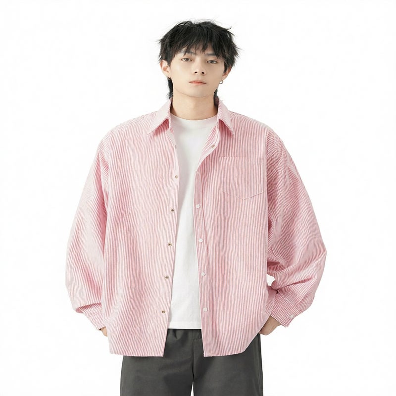 Men's Striped Long Sleeve Casual Shirt with Smile Embroidery - Image 2