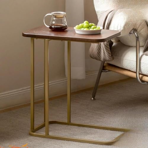 DDS Dream Decor Shoppee Slim C Shaped Side Table, Iron Frame MDF Top Modern Accent Coffee Table Compact Bedroom Bedside Tables Lamp Table with Metal Frame Living & Bed Room Decor (Brown Gold) - Image 1