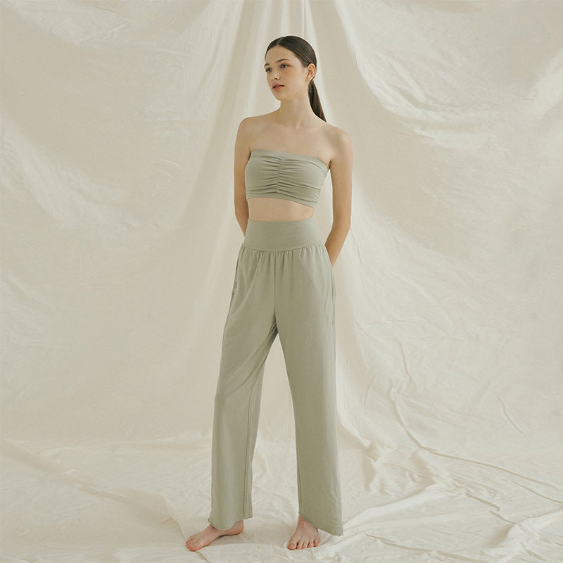 كوينج 2023 Summer Yoga Set Sleeveless Crop Top Palazzo Pants Grass Green - Image 3