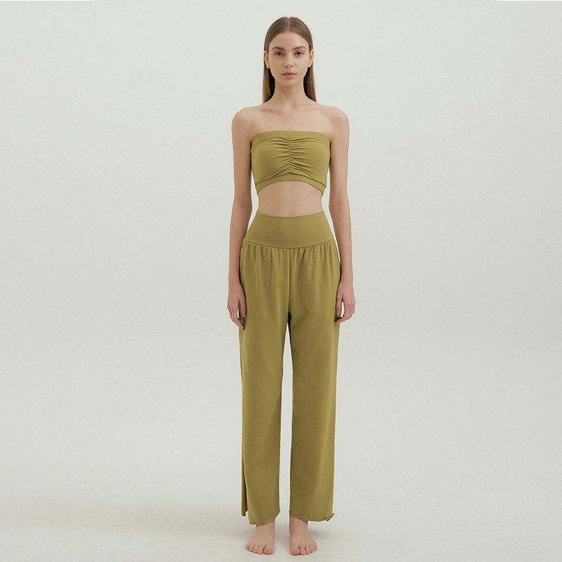كوينج 2023 Summer Yoga Set Sleeveless Crop Top Palazzo Pants Grass Green - Image 1