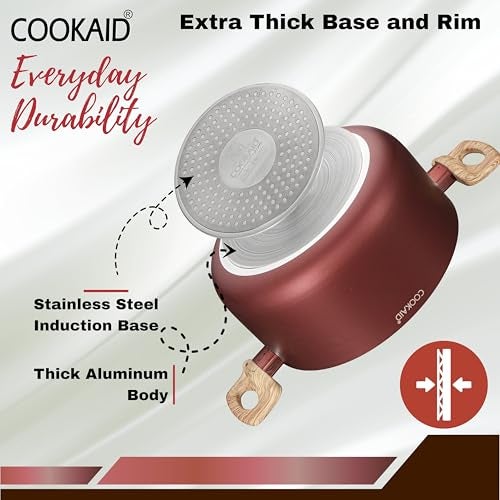 COOKAID Casserole Set of 3 | Casserole Set with Glass Lid | 8 Pcs Cookware Set | 2.8, 3.9 & 4.8 LTR with 2Pc Nylon Tools | ISI Certified | for Cooking | Ceramic Non Stick Cooking Pot - Metallic Cherry - Image 3