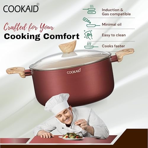 COOKAID Casserole Set of 3 | Casserole Set with Glass Lid | 8 Pcs Cookware Set | 2.8, 3.9 & 4.8 LTR with 2Pc Nylon Tools | ISI Certified | for Cooking | Ceramic Non Stick Cooking Pot - Metallic Cherry - Image 4