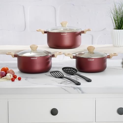 COOKAID Casserole Set of 3 | Casserole Set with Glass Lid | 8 Pcs Cookware Set | 2.8, 3.9 & 4.8 LTR with 2Pc Nylon Tools | ISI Certified | for Cooking | Ceramic Non Stick Cooking Pot - Metallic Cherry - Image 1