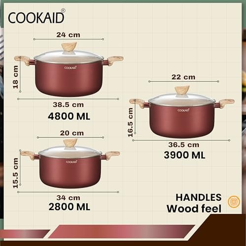 COOKAID Casserole Set of 3 | Casserole Set with Glass Lid | 8 Pcs Cookware Set | 2.8, 3.9 & 4.8 LTR with 2Pc Nylon Tools | ISI Certified | for Cooking | Ceramic Non Stick Cooking Pot - Metallic Cherry - Image 2