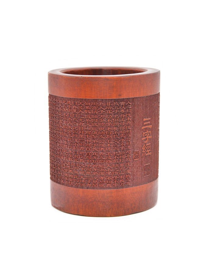 Medifier Vintage Chinese with Three Character Classic Worlds Bamboo Wood Desk Pen Pencil Cup Holder - Image 5