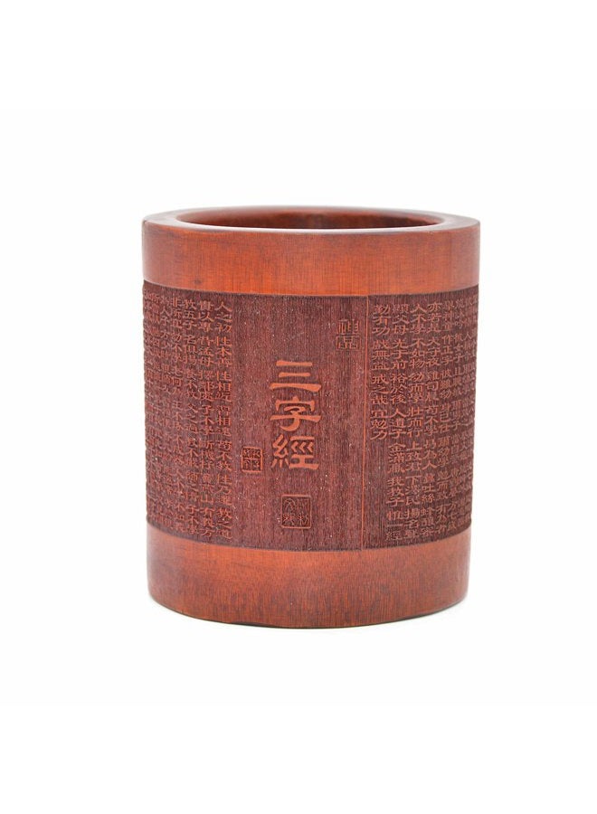 Medifier Vintage Chinese with Three Character Classic Worlds Bamboo Wood Desk Pen Pencil Cup Holder - Image 1