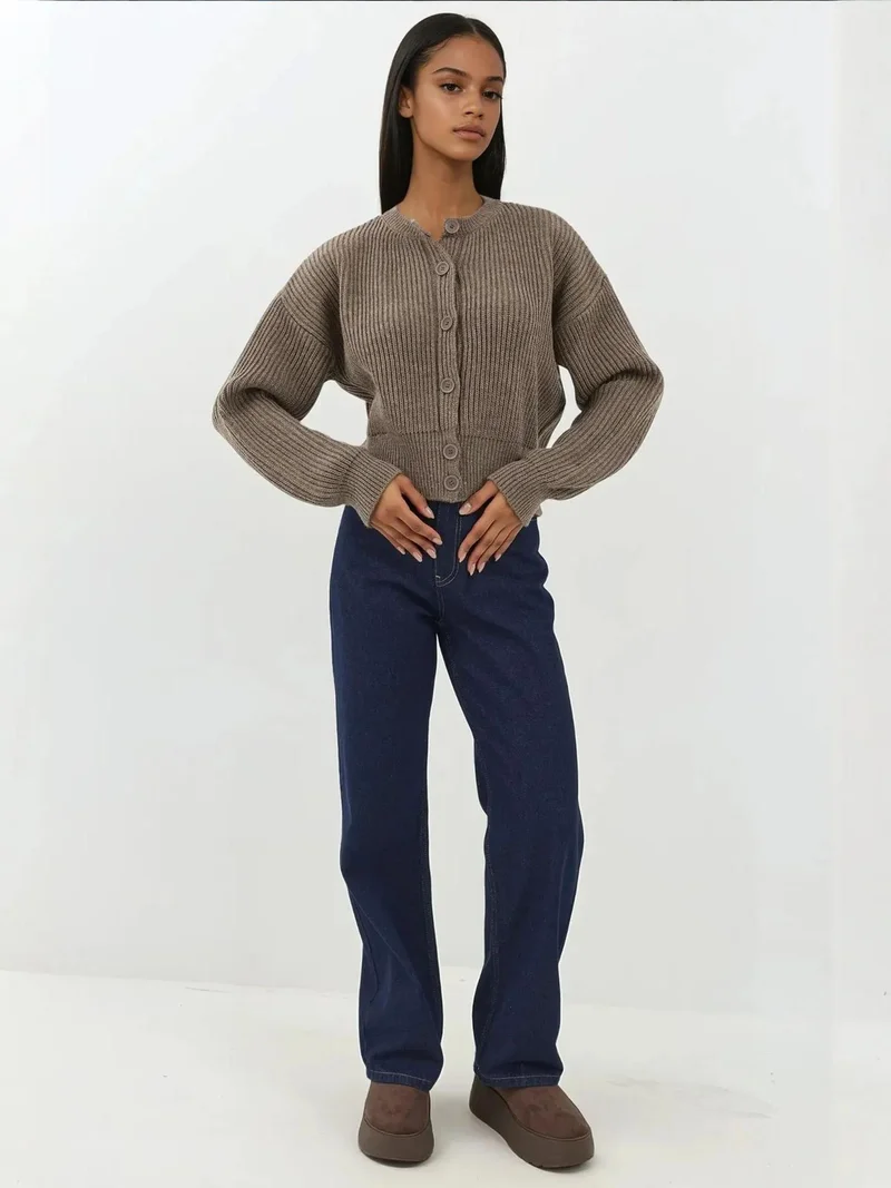 HICCUP Textured Crew Neck Long Sleeve Cardigan with Buttons