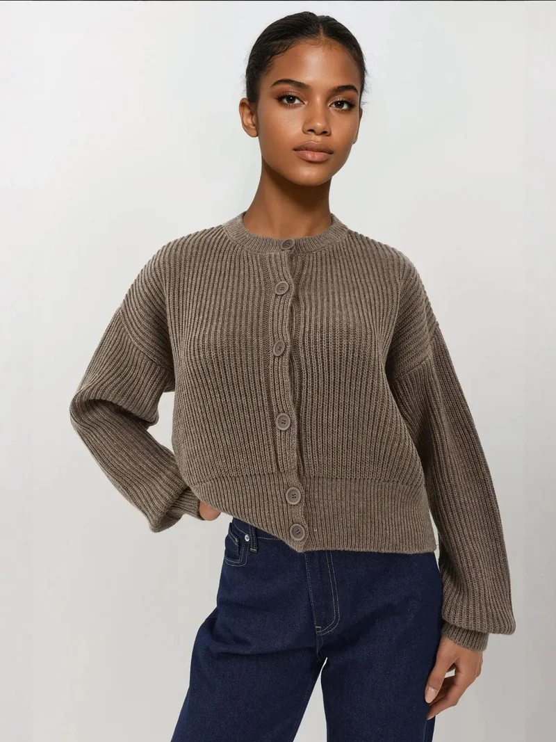 HICCUP Textured Crew Neck Long Sleeve Cardigan with Buttons
