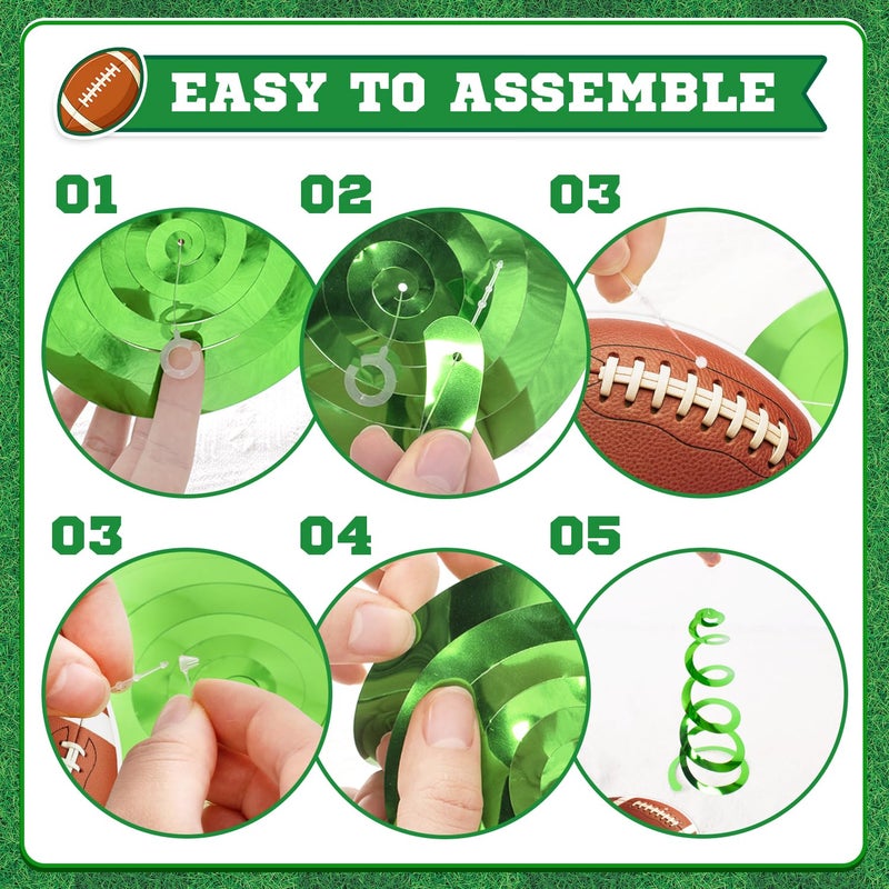 Actilize 24 Pcs Football Hanging Swirl Decorations, 8 Designs Football Party Tags with Green and Brown Foil Streamers Birthday Party Decor, Tailgate Party Supplies - Image 5