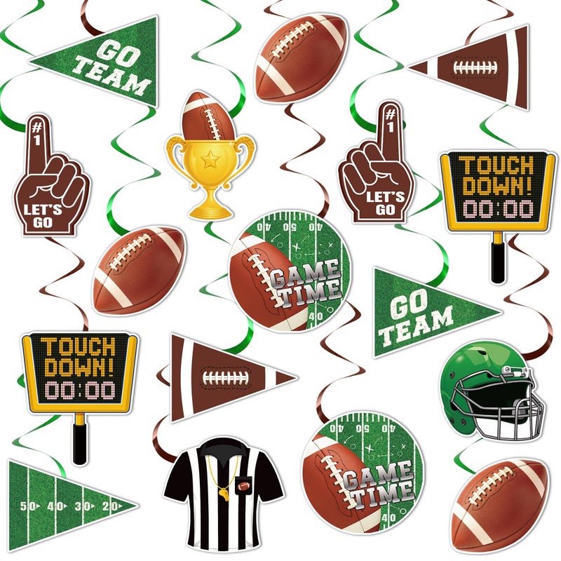 Actilize 24 Pcs Football Hanging Swirl Decorations, 8 Designs Football Party Tags with Green and Brown Foil Streamers Birthday Party Decor, Tailgate Party Supplies - Image 1