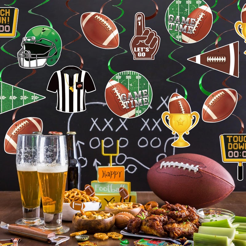 Actilize 24 Pcs Football Hanging Swirl Decorations, 8 Designs Football Party Tags with Green and Brown Foil Streamers Birthday Party Decor, Tailgate Party Supplies - Image 2