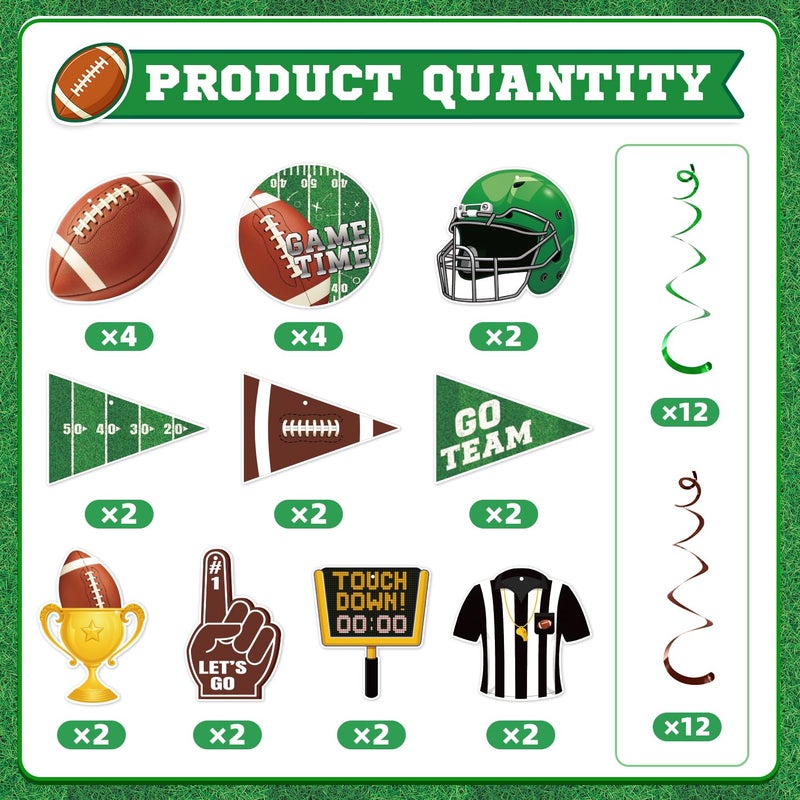 Actilize 24 Pcs Football Hanging Swirl Decorations, 8 Designs Football Party Tags with Green and Brown Foil Streamers Birthday Party Decor, Tailgate Party Supplies - Image 3