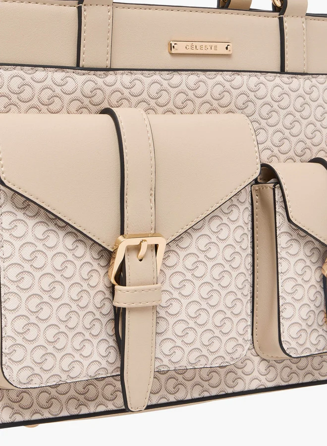 Celeste Monogram Print Tote Bag with Detachable Strap and Zip Closure