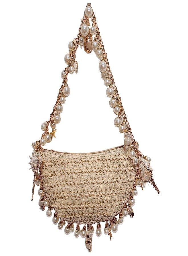 Gets Women Pearl Straw Clutch Purse Woven Summer Beach Evening Bag Wedding Party Straw Shoulder Handbag - Image 1