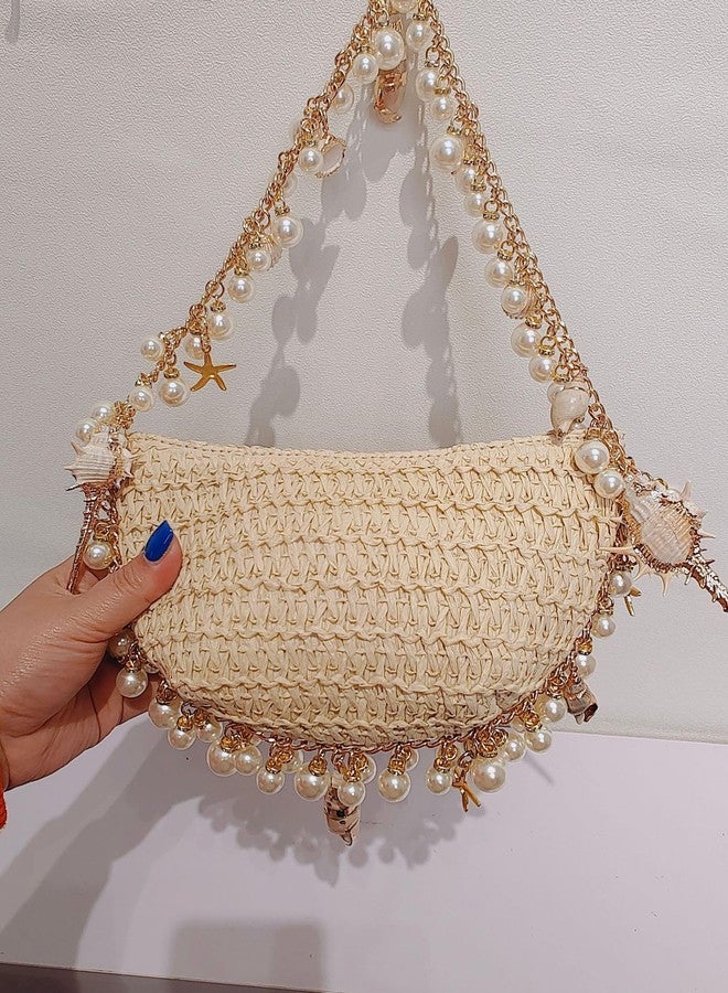 Gets Women Pearl Straw Clutch Purse Woven Summer Beach Evening Bag Wedding Party Straw Shoulder Handbag - Image 4