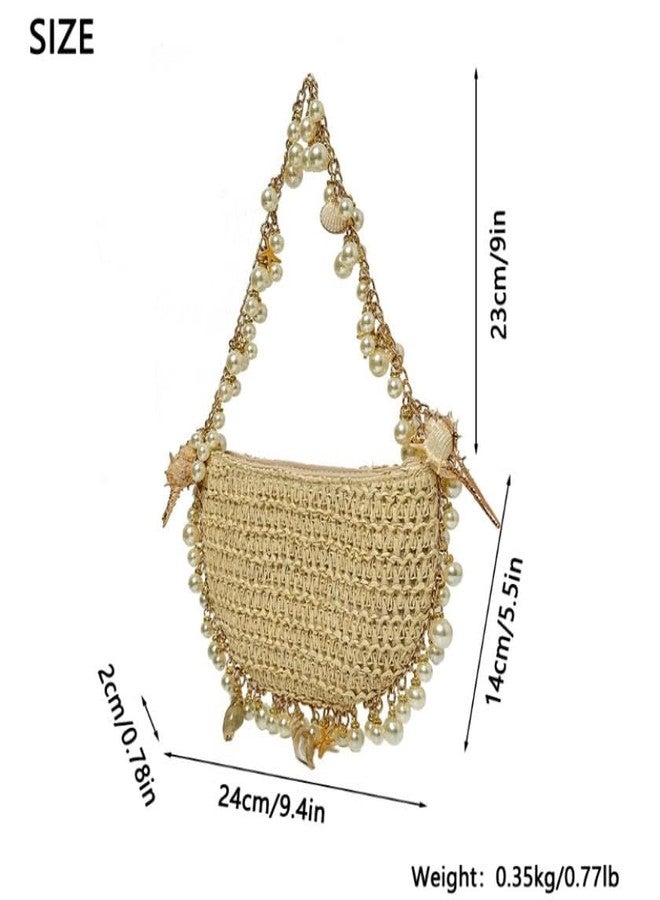 Gets Women Pearl Straw Clutch Purse Woven Summer Beach Evening Bag Wedding Party Straw Shoulder Handbag - Image 2