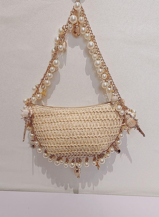 Gets Women Pearl Straw Clutch Purse Woven Summer Beach Evening Bag Wedding Party Straw Shoulder Handbag - Image 3