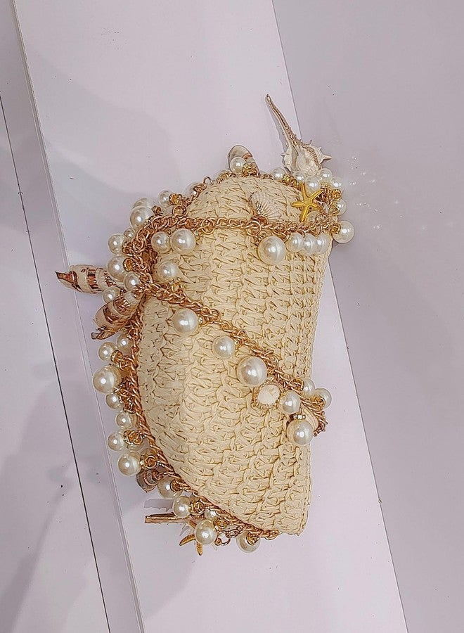 Gets Women Pearl Straw Clutch Purse Woven Summer Beach Evening Bag Wedding Party Straw Shoulder Handbag - Image 5